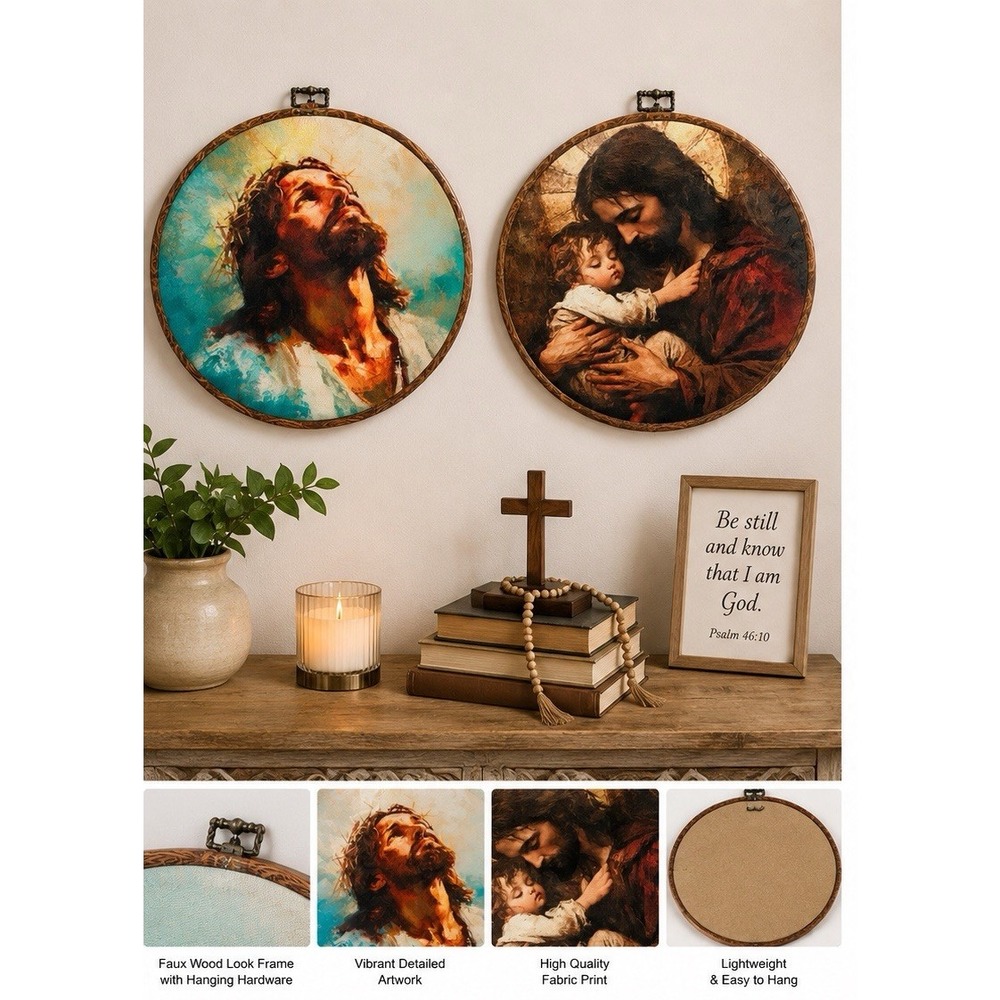 Set of 2 Christian Religious Round Fabric Wall Hanging Prints Home Decor New - Picture 1 of 6